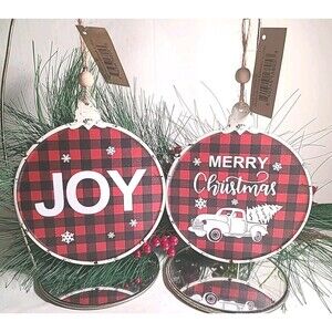 NEW Set Metal Buffalo Check 6.5" Merry Christmas & JOY Tree Ornaments Farmhouse
